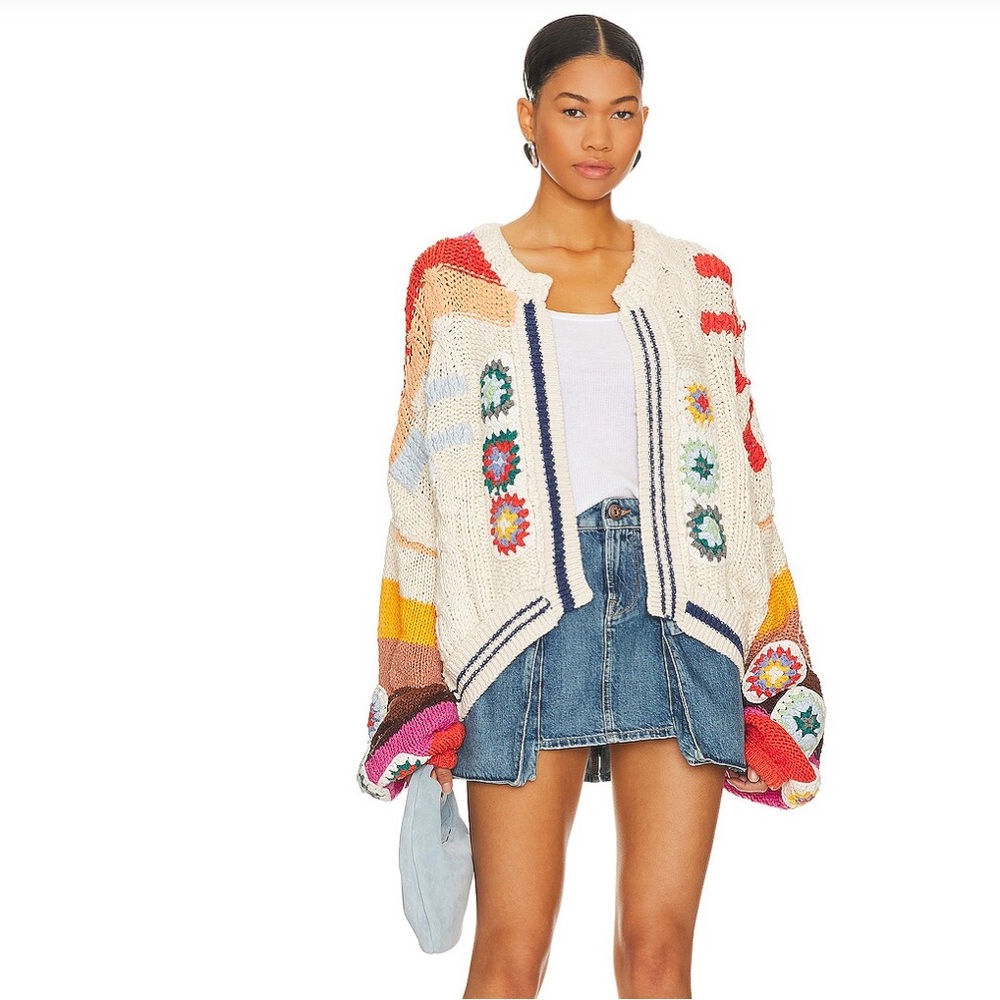 Free People Clear Skies Knit Patchwork Pattern Cardi in Cream Combo